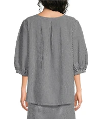 Bryn Walker Lucinda Check Seersucker Round Neck 3/4 Sleeve Shirt