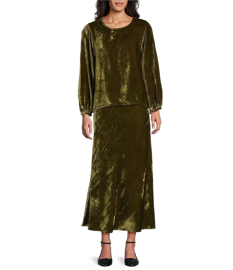 Bryn Walker Lucinda Coordinating Maltinto Velvet Round Neck Long Sleeve High-Low Shirt