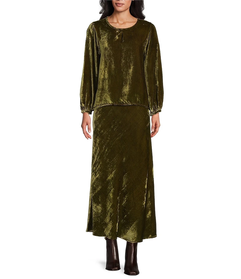 Bryn Walker Lucinda Coordinating Maltinto Velvet Round Neck Long Sleeve High-Low Shirt