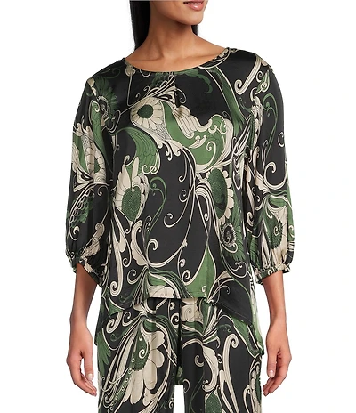 Bryn Walker Coordinating Lucinda Giardino Print Viscose Satin Round Neck 3/4 Sleeve Shirt