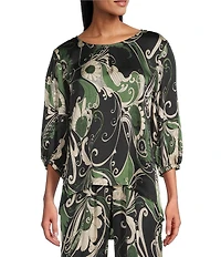 Bryn Walker Coordinating Lucinda Giardino Print Viscose Satin Round Neck 3/4 Sleeve Shirt