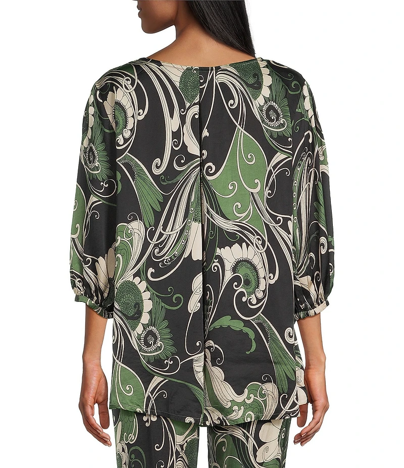 Bryn Walker Coordinating Lucinda Giardino Print Viscose Satin Round Neck 3/4 Sleeve Shirt