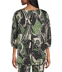Bryn Walker Coordinating Lucinda Giardino Print Viscose Satin Round Neck 3/4 Sleeve Shirt