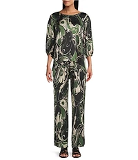 Bryn Walker Coordinating Lucinda Giardino Print Viscose Satin Round Neck 3/4 Sleeve Shirt