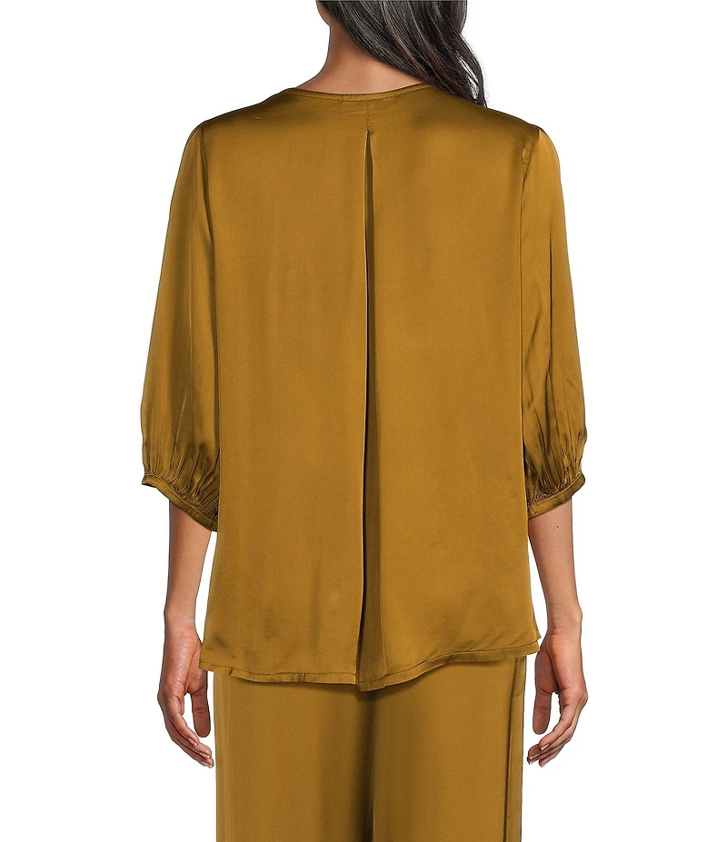 Bryn Walker Lucinda Satin Woven Solid Round Neck 3/4 Sleeve Hi-Low Hem Coordinating Shirt