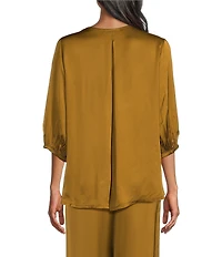 Bryn Walker Lucinda Satin Woven Solid Round Neck 3/4 Sleeve Hi-Low Hem Coordinating Shirt