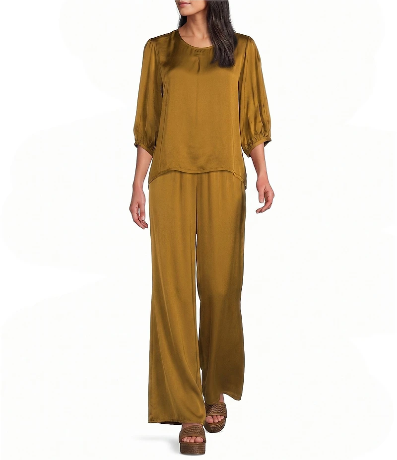Bryn Walker Lucinda Satin Woven Solid Round Neck 3/4 Sleeve Hi-Low Hem Coordinating Shirt