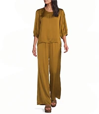 Bryn Walker Lucinda Satin Woven Solid Round Neck 3/4 Sleeve Hi-Low Hem Coordinating Shirt