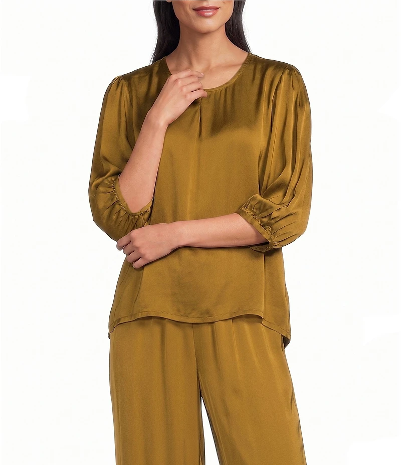Bryn Walker Lucinda Satin Woven Solid Round Neck 3/4 Sleeve Hi-Low Hem Coordinating Shirt
