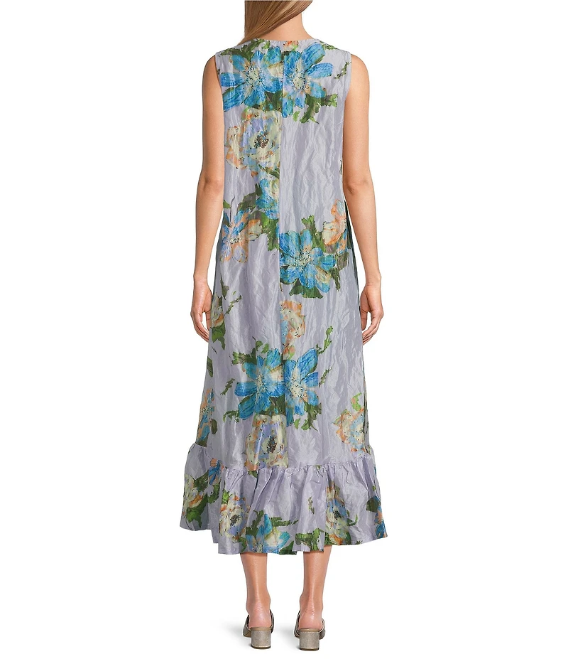 Bryn Walker Memory Crunch Taffeta Angelina Printed Round Neck Sleeveless Hi-Low Hem Midi Dress