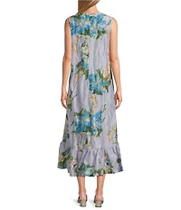 Bryn Walker Memory Crunch Taffeta Angelina Printed Round Neck Sleeveless Hi-Low Hem Midi Dress