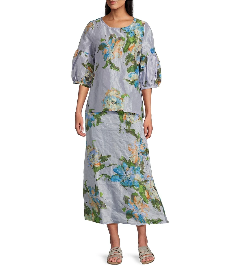 Bryn Walker Memory Crunch Taffeta Printed Round Neck 3/4 Sleeve Lantern Shirt