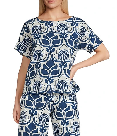 Bryn Walker Orla Tulum Azul Cielo Print Round Neck Short Sleeve Oversized Shirt