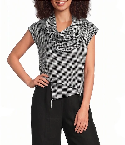 Bryn Walker Pennie Check Seersucker Cowl Neck Cap Sleeve Crop Vest