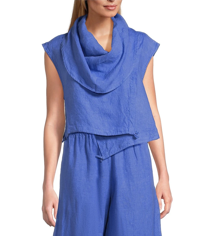 Bryn Walker Pennie Light Linen Cowl Neck Cap Sleeve Asymmetrical Hem Cropped Vest