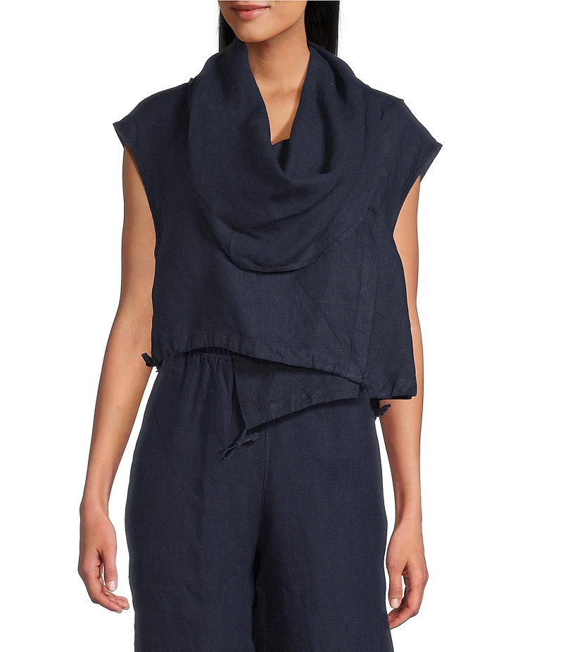 Bryn Walker Pennie Light Linen Cowl Neck Cap Sleeve Asymmetrical Hem Cropped Vest