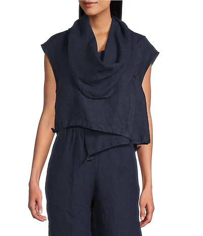 Bryn Walker Pennie Light Linen Cowl Neck Cap Sleeve Asymmetrical Hem Cropped Vest