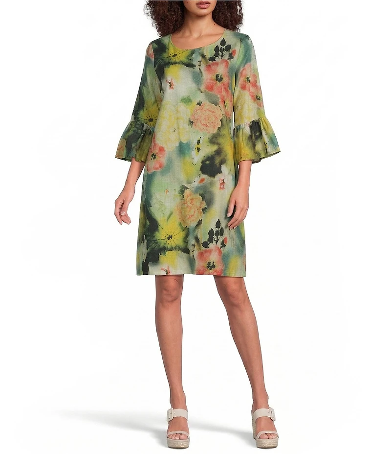 Bryn Walker Phryne Giardino Print Round Neck 3/4 Ruffle Bell Sleeve Shift Dress