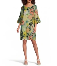 Bryn Walker Phryne Giardino Print Round Neck 3/4 Ruffle Bell Sleeve Shift Dress