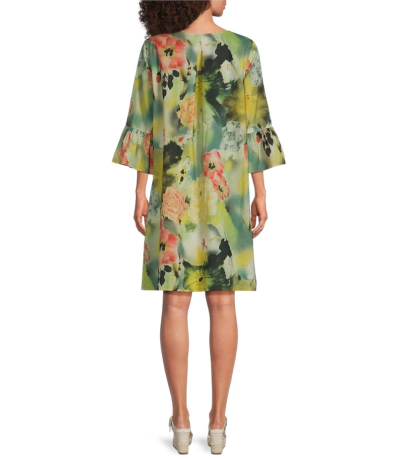 Bryn Walker Phryne Giardino Print Round Neck 3/4 Ruffle Bell Sleeve Shift Dress