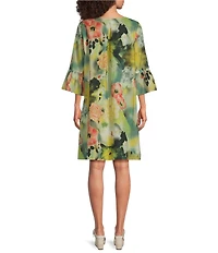 Bryn Walker Phryne Giardino Print Round Neck 3/4 Ruffle Bell Sleeve Shift Dress