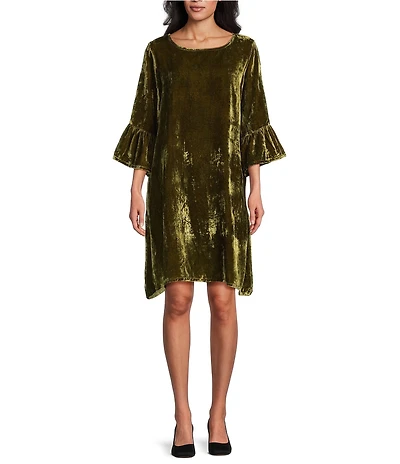 Bryn Walker Phryne Maltinto Velvet Round Neck 3/4 Bell Sleeve Dress