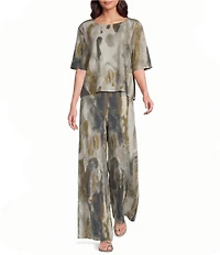 Bryn Walker Pioggia Print Flat Front Elastic Back Waist Wide Leg Full Length Coordinating Pants