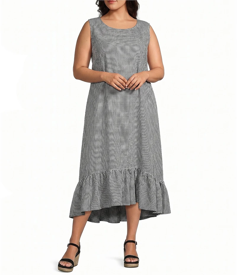Bryn Walker Plus Angelina Check Seersucker Round Neck Sleeveless High-Low Ruffle Hem Dress