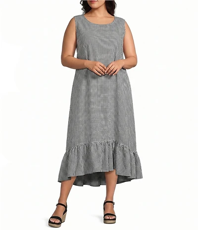 Bryn Walker Plus Angelina Check Seersucker Round Neck Sleeveless High-Low Ruffle Hem Dress