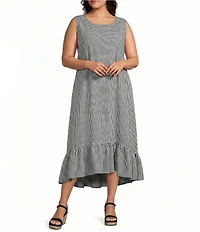 Bryn Walker Plus Angelina Check Seersucker Round Neck Sleeveless High-Low Ruffle Hem Dress