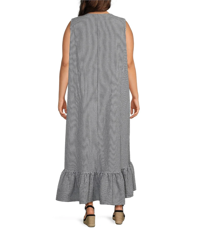 Bryn Walker Plus Angelina Check Seersucker Round Neck Sleeveless High-Low Ruffle Hem Dress