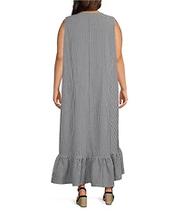 Bryn Walker Plus Angelina Check Seersucker Round Neck Sleeveless High-Low Ruffle Hem Dress
