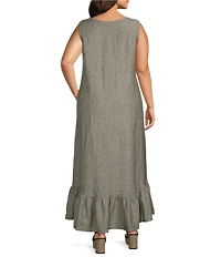 Bryn Walker Plus Angelina Cross-Dyed Linen Round Neck Sleeveless High-Low Ruffle Dress