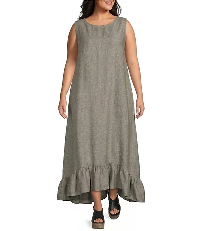 Bryn Walker Plus Angelina Cross-Dyed Linen Round Neck Sleeveless High-Low Ruffle Dress