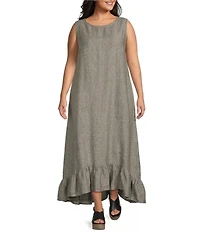 Bryn Walker Plus Angelina Cross-Dyed Linen Round Neck Sleeveless High-Low Ruffle Dress