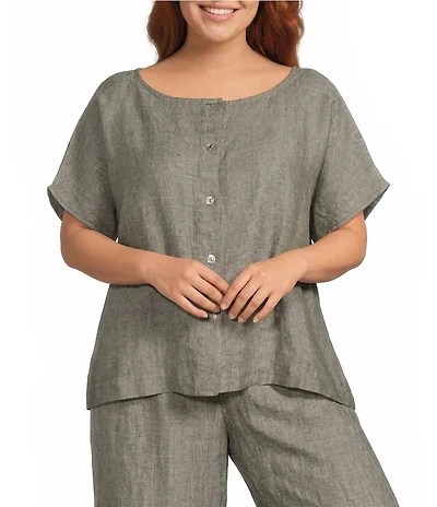 Bryn Walker Plus Bessie Cross-Dyed Linen Round Neck Cap Sleeve Shirt