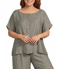 Bryn Walker Plus Bessie Cross-Dyed Linen Round Neck Cap Sleeve Shirt