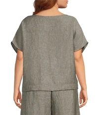 Bryn Walker Plus Bessie Cross-Dyed Linen Round Neck Cap Sleeve Shirt