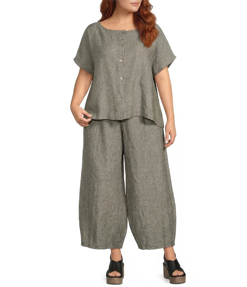 Bryn Walker Plus Bessie Cross-Dyed Linen Round Neck Cap Sleeve Shirt