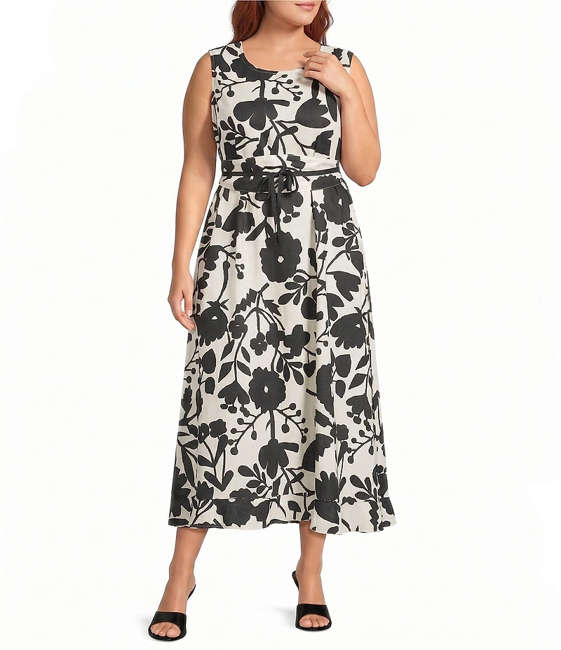 Bryn Walker Plus Chloe Avorio Nero Print Round Neck Sleeveless Ruffle Hem Maxi Dress