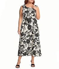 Bryn Walker Plus Chloe Avorio Nero Print Round Neck Sleeveless Ruffle Hem Maxi Dress