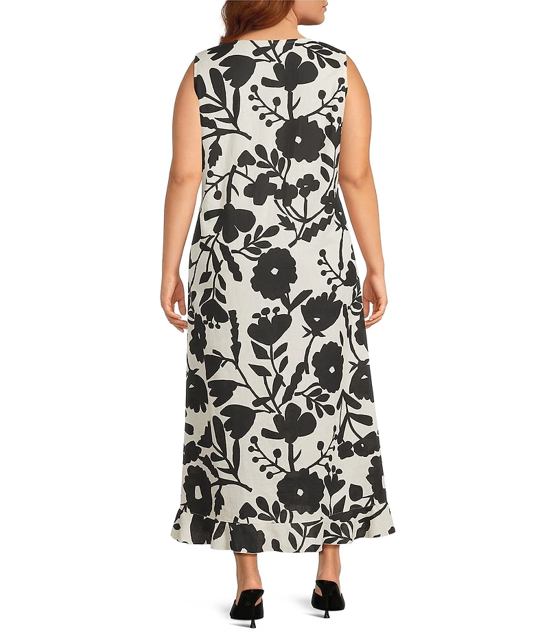 Bryn Walker Plus Chloe Avorio Nero Print Round Neck Sleeveless Ruffle Hem Maxi Dress