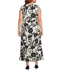 Bryn Walker Plus Chloe Avorio Nero Print Round Neck Sleeveless Ruffle Hem Maxi Dress