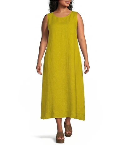 Bryn Walker Plus Chloe Light Linen Round Neck Sleeveless Ruffle Hem Midi Dress