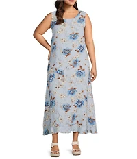 Bryn Walker Plus Chloe Magnolia Print Linen Round Neck Sleeveless Ruffle Hem Maxi Dress