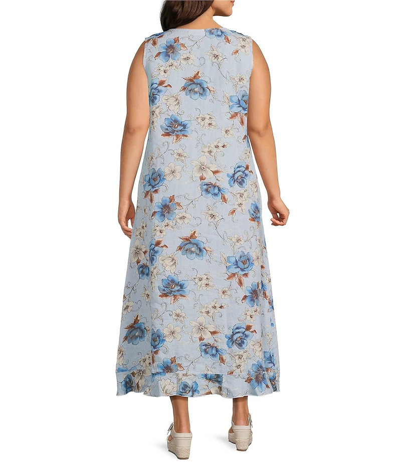 Bryn Walker Plus Chloe Magnolia Print Linen Round Neck Sleeveless Ruffle Hem Maxi Dress