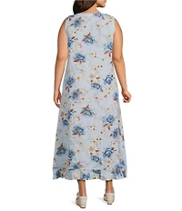 Bryn Walker Plus Chloe Magnolia Print Linen Round Neck Sleeveless Ruffle Hem Maxi Dress