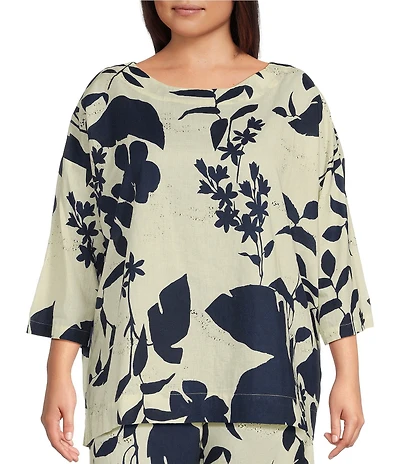 Bryn Walker Plus Coordinating Foglie Print Boat Neck 3/4 Sleeve Resort Shirt