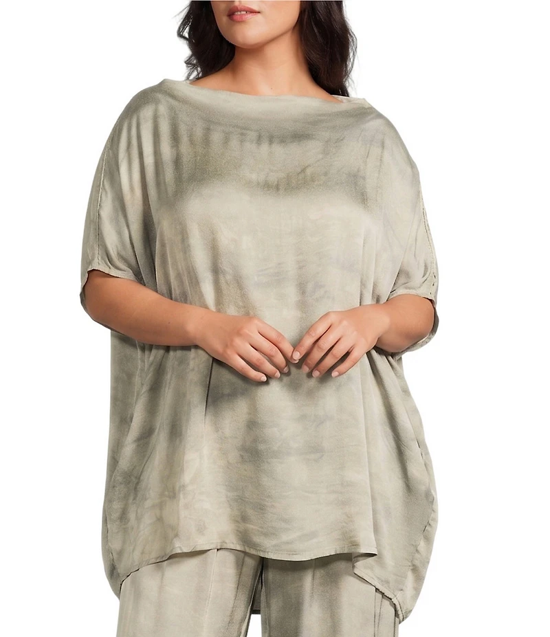 Bryn Walker Plus Debo Italian Viscose Satin Boat Neck Cap Sleeve Drape Tunic