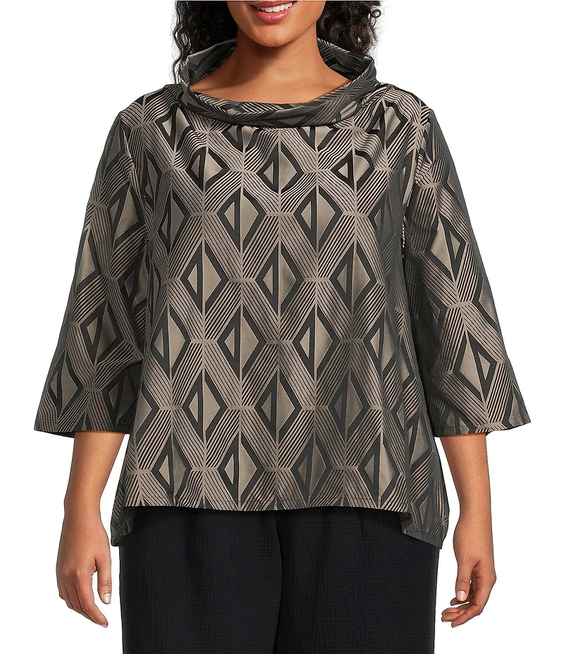 Bryn Walker Plus Etta Memory Crunch Jacquard Cowl Neck Elbow Sleeve Shirt